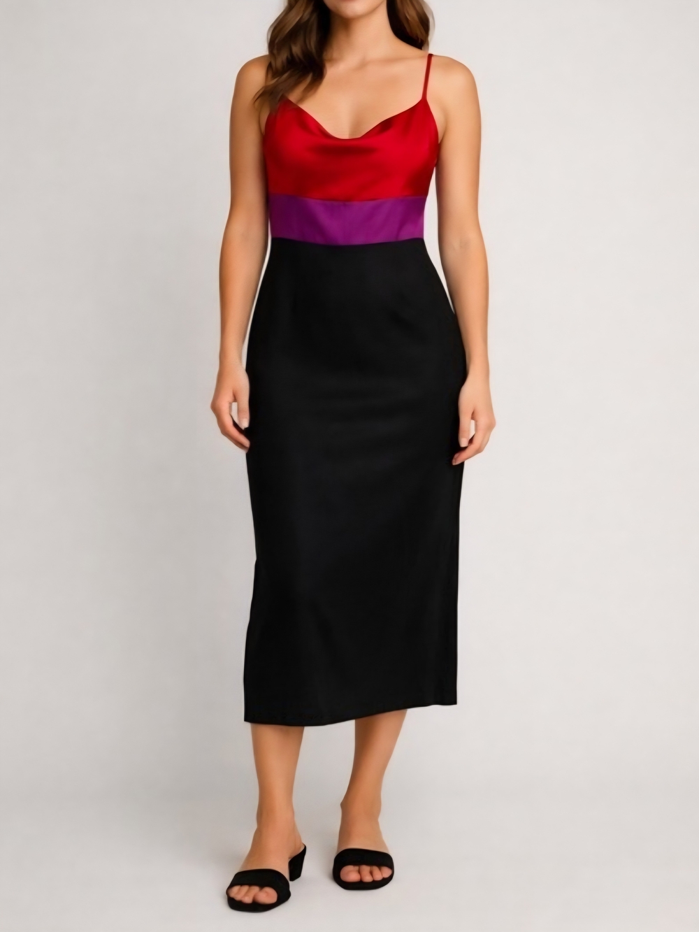 Express XL NWOT Red Black Purple Satin Colorblock Cowl Neck Midi Slip Dress